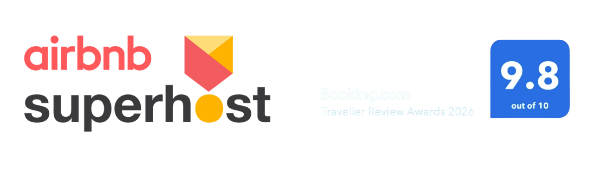 Airbnb Superhost and Booking.com 9.8 Review Rating (2026) Airbnb Superhost badge and Booking.com Traveller Review Awards 2026 rating of 9.8 out of 10